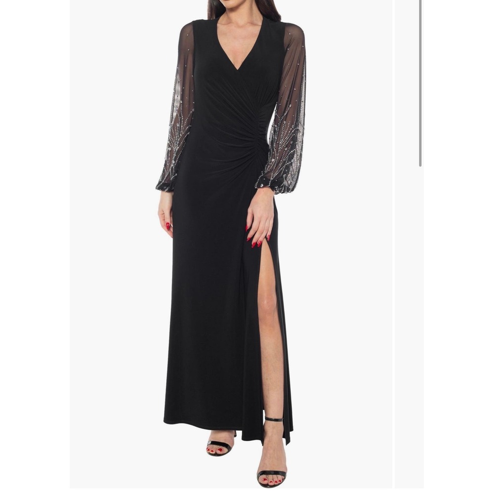 Marina Black Embellished Sheer Sleeve V-Neck Gown Slit Formal Dress Size S